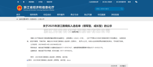 喜讯！托普云农入选2025年“领军型”浙江数商名单